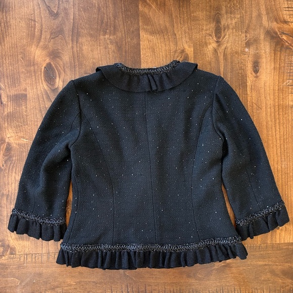 ST. JOHN Couture Black Sequin Tweed Ruffle Jacket Blazer Size 8 | Wool Silk - Picture 3 of 8